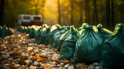 Photo of garbage bags lined up in rows after nature cleaning