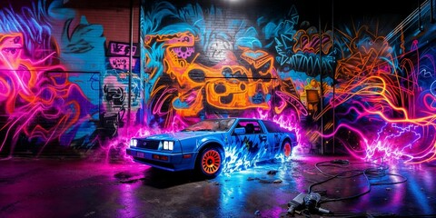 Retro old car in a grungy graffiti covered room with a neon retrofuturistic effect	