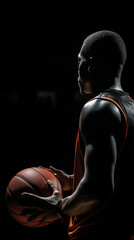 Side view photo of African basketball player holding ball