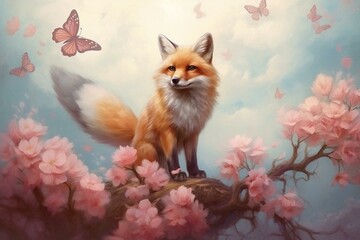 Illustrate a fox relishing the calmness of its environment, enclosed by a garden of blossoms and foliage, with a butterfly hovering in the sky above. Generative AI