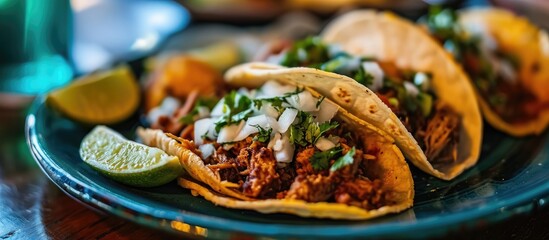 Four Tacos served on a plate - obrazy, fototapety, plakaty