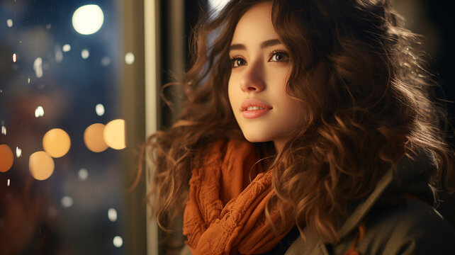 Winter dream, young woman looking at city lights, Golden Hour reflections: happy smile in city glow, beautiful woman enjoying winter night, stylish scarf eyes, Generative AI