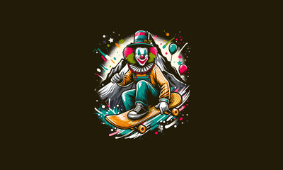 clown playing skateboard on mountain vector artwork design