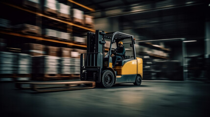Forklift truck moving in warehouse in blurry motion. Concept of warehouse. The forklift in the big warehouse on blurred background. Delivery concept. Storehouse concept. Box concept. Logistic concept. - obrazy, fototapety, plakaty