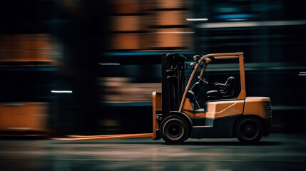 Forklift truck moving in warehouse in blurry motion. Concept of warehouse. The forklift in the big warehouse on blurred background. Delivery concept. Storehouse concept. Box concept. Logistic concept. - obrazy, fototapety, plakaty