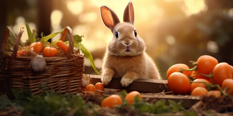 Cute bunnies favorite snack carrots with utmost twitching noses charm crunchy treats. AI Generative - obrazy, fototapety, plakaty