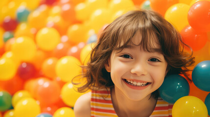 Fototapeta na wymiar Portrait of a cute smiling child girl in a ball pool. Entertainment for children in leisure center, children's room in shopping center, dry orange balls pool.