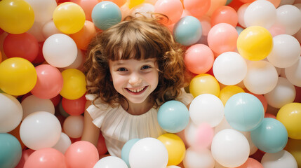 Fototapeta na wymiar Portrait of a cute smiling child girl in a ball pool. Entertainment for children in leisure center, children's room in shopping center, dry balls pool, pastel colors.