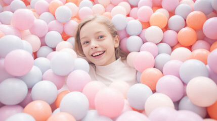 Fototapeta na wymiar Portrait of a cute smiling child girl in a ball pool. Entertainment for children in leisure center, children's room in shopping center, dry pink balls pool.