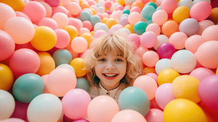 Fototapeta na wymiar Portrait of a cute smiling blonde curly child girl in a ball pool. Entertainment for children in leisure center, children's room in shopping center, dry balls pool.