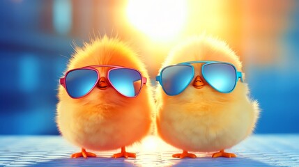 Cute Two little yellow chickens in sunglasses on a bright sunny day, Funny easter concept.
 - obrazy, fototapety, plakaty