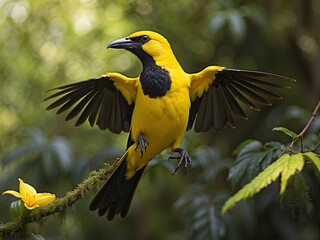 A Black-naped Oriole soaring through a lush rainforest, its sleek black and yellow feathers glistening in the sunlight