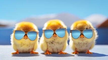Cute little chicks in sunglasses on blue background, Funny easter concept.
