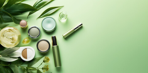 Top view of a assortment of decorative care female cosmetics on flat pastel green background, banner template for cosmetics advertisement. Eye shadow, brushes, bottles of cream or lip gloss. 