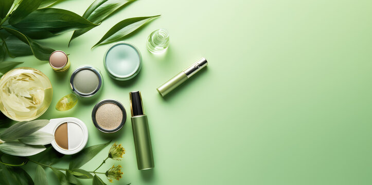 Top view of a assortment of decorative care female cosmetics on flat pastel green background, banner template for cosmetics advertisement. Eye shadow, brushes, bottles of cream or lip gloss. 