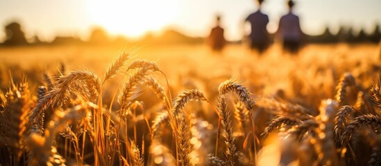Young farmers inspecting winter wheat crop.