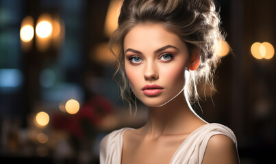 Elegant Young Woman with Sophisticated Updo and Subtle Makeup Illuminated by Soft Light, Exuding Grace and Beauty