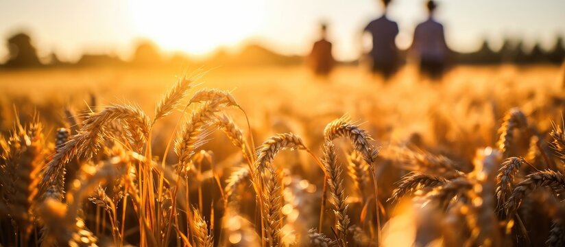 Young farmers inspecting winter wheat crop.