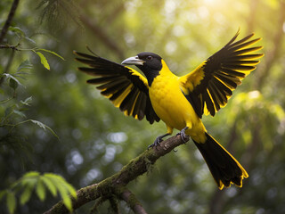 A Black-naped Oriole soaring through a lush rainforest, its sleek black and yellow feathers glistening in the sunlight