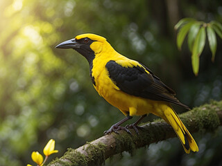 A Black-naped Oriole soaring through a lush rainforest, its sleek black and yellow feathers glistening in the sunlight