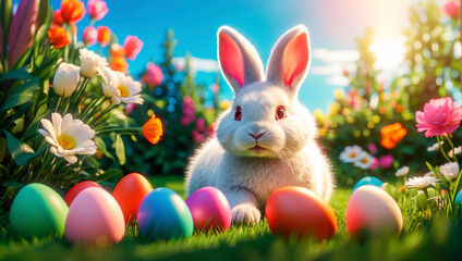 Fototapeta na wymiar Easter card: cute Easter bunny and Easter eggs on a green blooming lawn