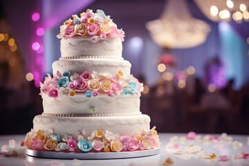 Lush multi-tiered cake decorated with flowers against the backdrop of a festive interior. Concept for celebrating birthday, anniversary, wedding.