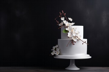 An elegant two-tier cake decorated with a flowering twig on a dark background. Concept for celebrating birthday, anniversary, wedding. Еmpty space for text 