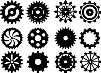 Collection and set of realistic gear and bicycle stars. A profiled wheel with teeth that engages with a chain. Cog set icons on white background. High resolution images for reuse in designing. - obrazy, fototapety, plakaty