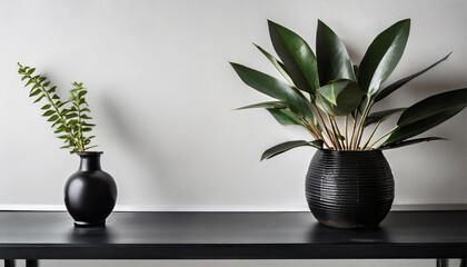 A black vase with a plant displayed on a shelf against a white wall on a black tabletop background