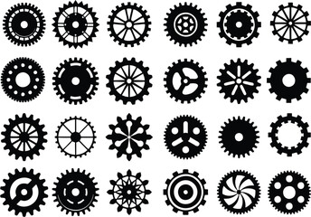 Collection and set of realistic gear and bicycle stars. A profiled wheel with teeth that engages with a chain. Cog set icons on white background. Editable vector, for reuse in designing. eps 10. - obrazy, fototapety, plakaty