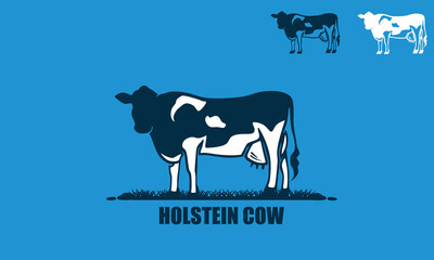 SIMPLE HOLSTEIN LOGO IN BLUE. silhouette of great dairy milk cow standing vector illustrations