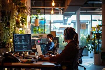 A collaborative workspace comes alive as a Project Manager and Computer Science Engineer engage in a coding session, surrounded by a modern office environment. - obrazy, fototapety, plakaty