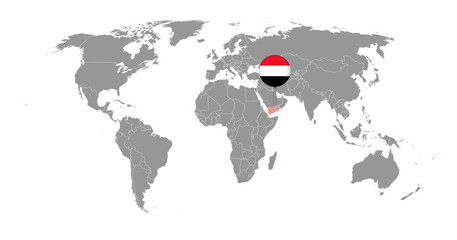 Pin map with Yemen flag on world map. Vector illustration.
