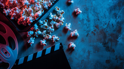  flat lay composition with popcorn, movie clapperboard,film reel and tv remote in neon blue light. selective focus. copy space. place for text. home movie night concept.