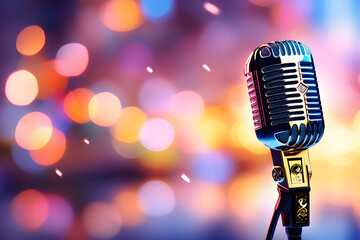 Fototapeta na wymiar Metal microphone on blurred background with bokeh lights