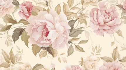 Watercolor style of flowers and green leaves with soft colors on a beige background. Generative AI