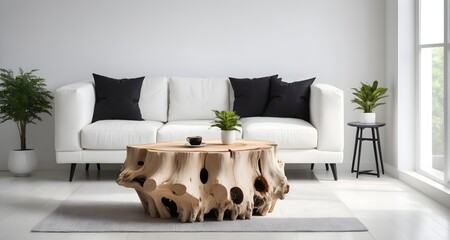 A stump coffee table and a white sofa with black pillows in a bright living room. Modern living room with minimalist design, home interior.
