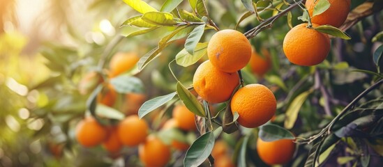 Ripe oranges on branch in garden of tangerines.