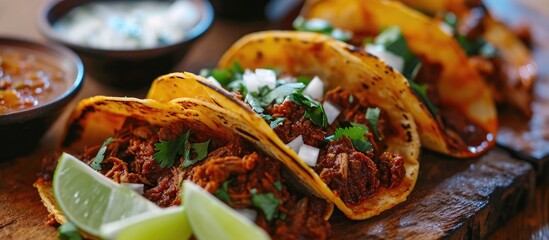 Fiery tacos with meat and cheese for dipping; birria style. - obrazy, fototapety, plakaty