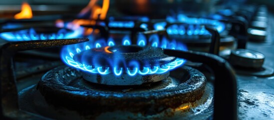 Darkness highlights the blue flame of a gas burner. - obrazy, fototapety, plakaty