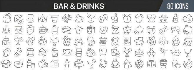 Vector illustration of a set of food and drink icons in line style on a white background