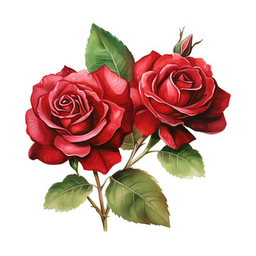 Beautiful two watercolor red roses with leaves isolated background