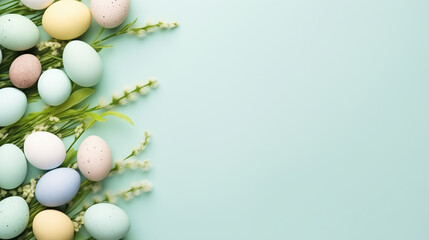 Naklejka na ściany i meble Easter eggs on a blue concrete background, Easter background
