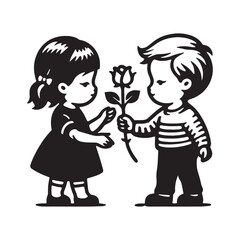 The boy gives the girl a rose. Valentine's Day. Love. Cute engraving black illustration