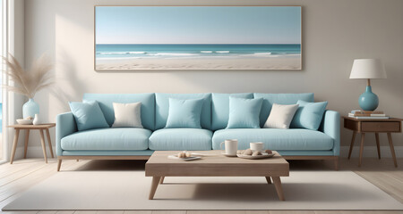 Fabric sofa with turquoise pillows and coffee table. There are paintings on the wall with a marine theme. Modern living room in a seaside home, coastal interior design.