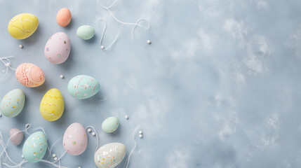 Easter eggs on a blue concrete background, Easter background