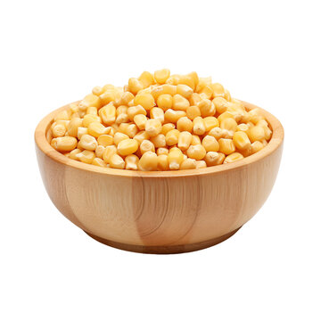 A wooden bowl full of cleaned corn seeds isolated background