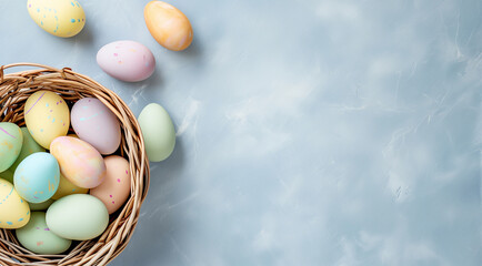 wicker basket with Easter eggs in pastel colors on a blue concrete background, Easter background