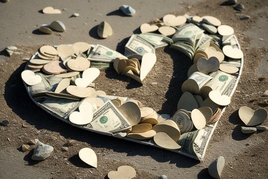 Heart-shaped currency scattered on ground. Generative AI
