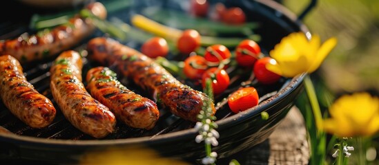 Delicious grilled sausage on a homemade grill during spring. - obrazy, fototapety, plakaty